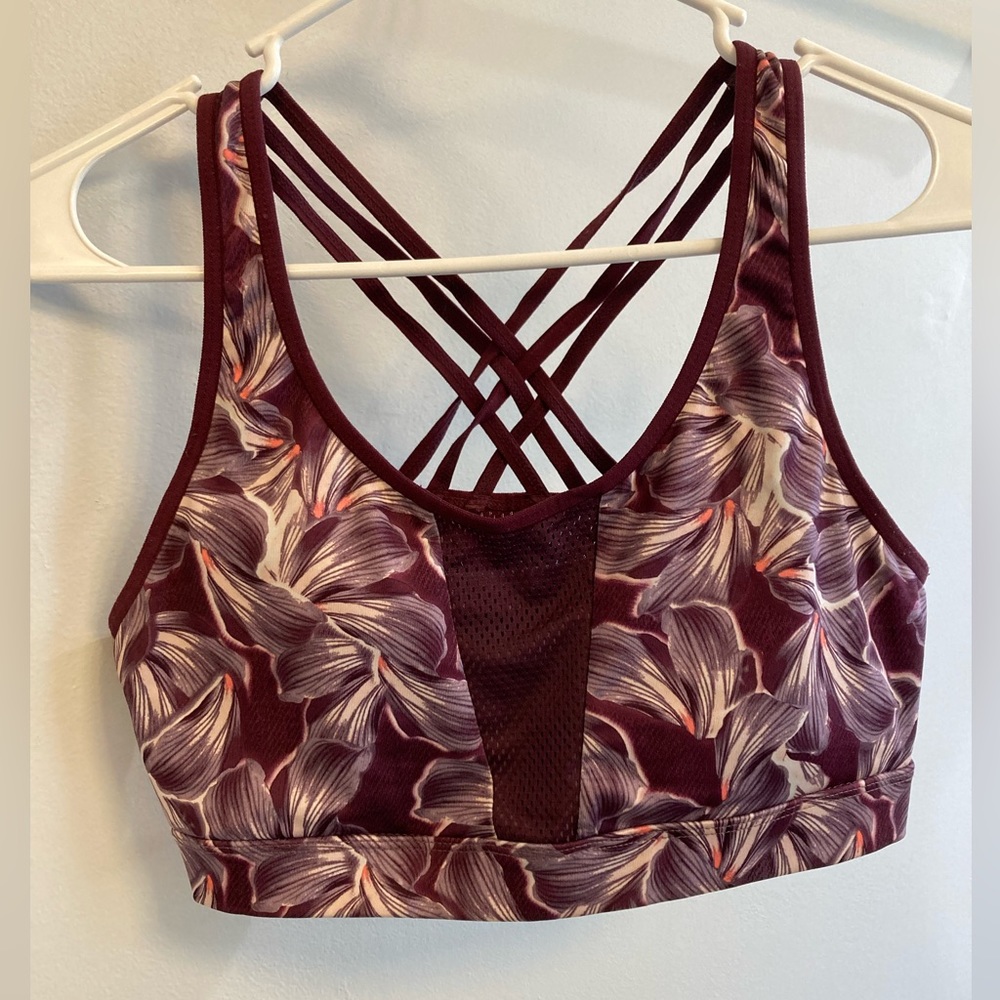 Champion purple floral cross cross straps Sports Bra size large with padding